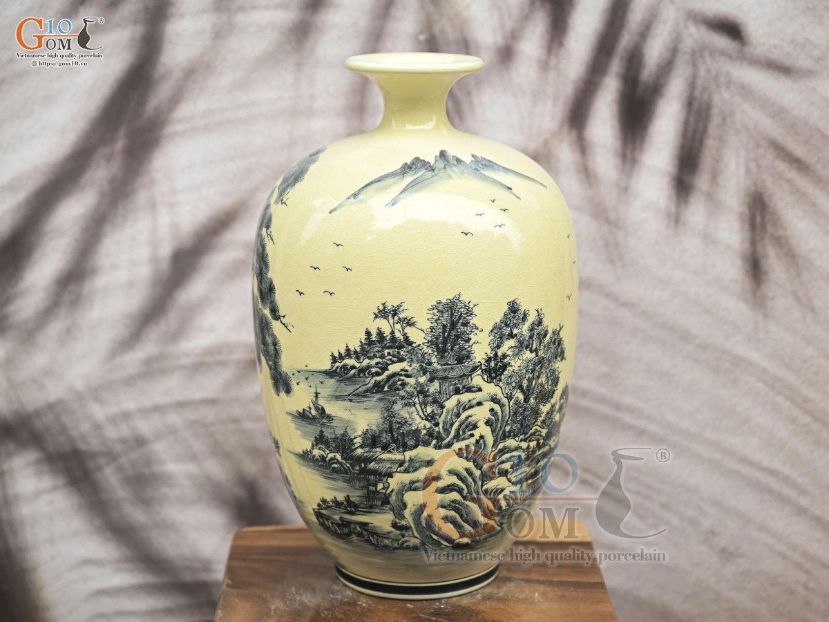 Bình hút lộc dáng no đủ men hoàng tộc họa tiết Sơn Thủy, cao 32cm