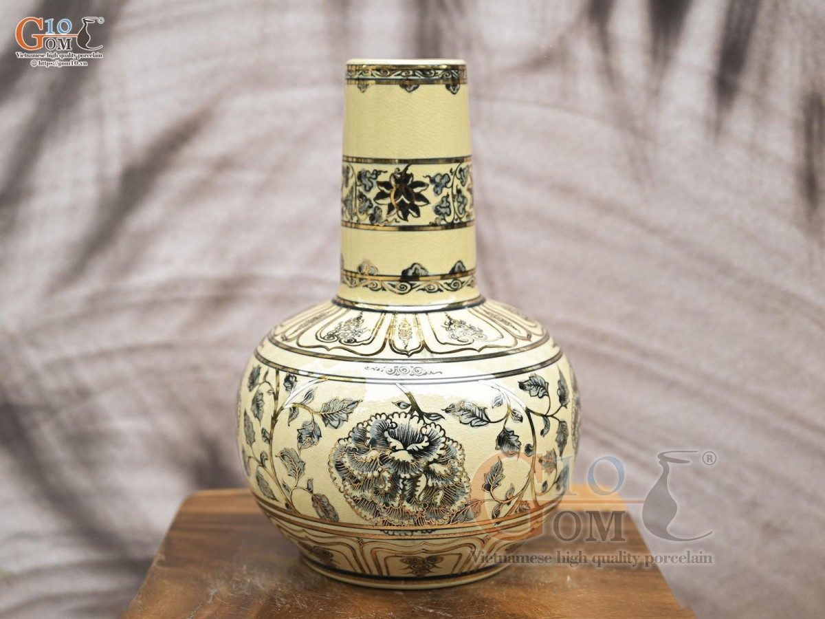 Bình lam men cổ họa tiết hoa dây vẽ vàng 24k, cao 37cm