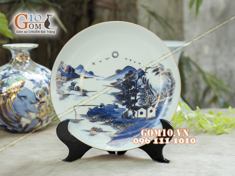 Đĩa trang trí men rong cổ họa tiết Sơn Thủy 003, đường kính 16cm - Vẽ vàng 24k