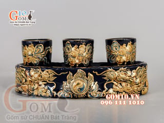 Kỷ cong 3 chén Xanh coban đắp nổi Rồng- vẽ vàng 24k
