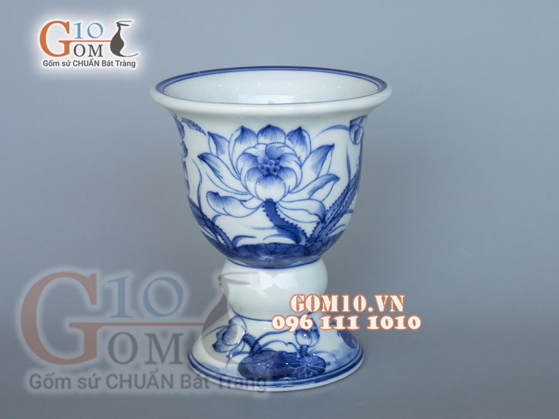 Cốc phật thủ men lam vẽ Sen Tài Lộc, cao 14,5cm