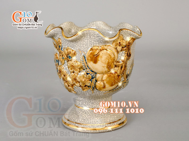 Cốc phật thủ men rạn đắp nổi Đào - vẽ vàng 24k, Cao 15cm