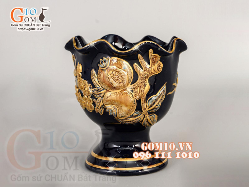 Cốc phật thủ Xanh coban đắp nổi Đào - vẽ vàng 24k, cao 13cm