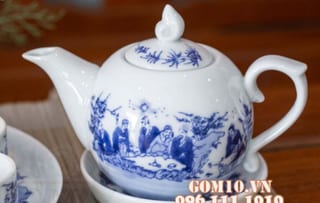 Ấm chóp lửa men lam cổ cảnh trúc lâm thất hiền, 350ml
