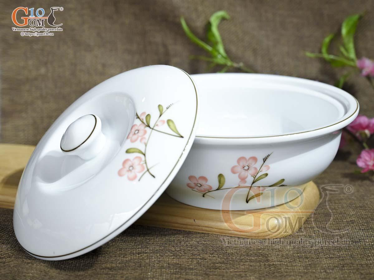 Âu cơm men kem vẽ hoa Đào hồng, đường kính 20cm