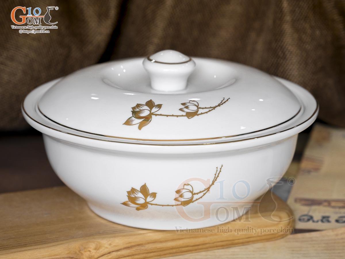 Âu cơm men trắng hoa Sen kẻ viền vàng 24k, đường kính 20cm