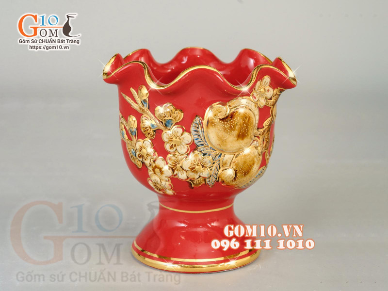 Cốc phật thủ Đỏ đắp nổi Đào - vẽ vàng 24k, cao 13cm