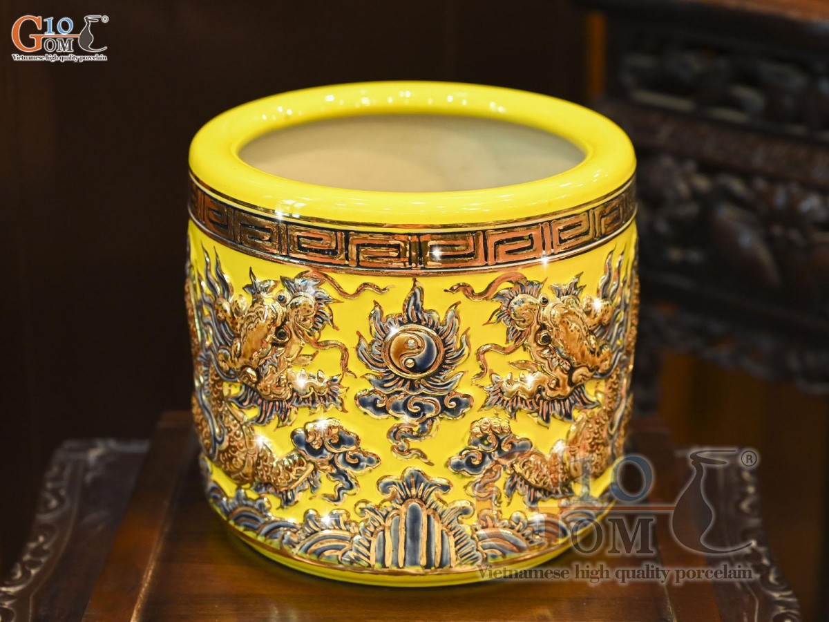 Bát hương men màu đắp nổi Rồng Như Ý nền vàng vẽ vàng 24k, đường kính 14cm