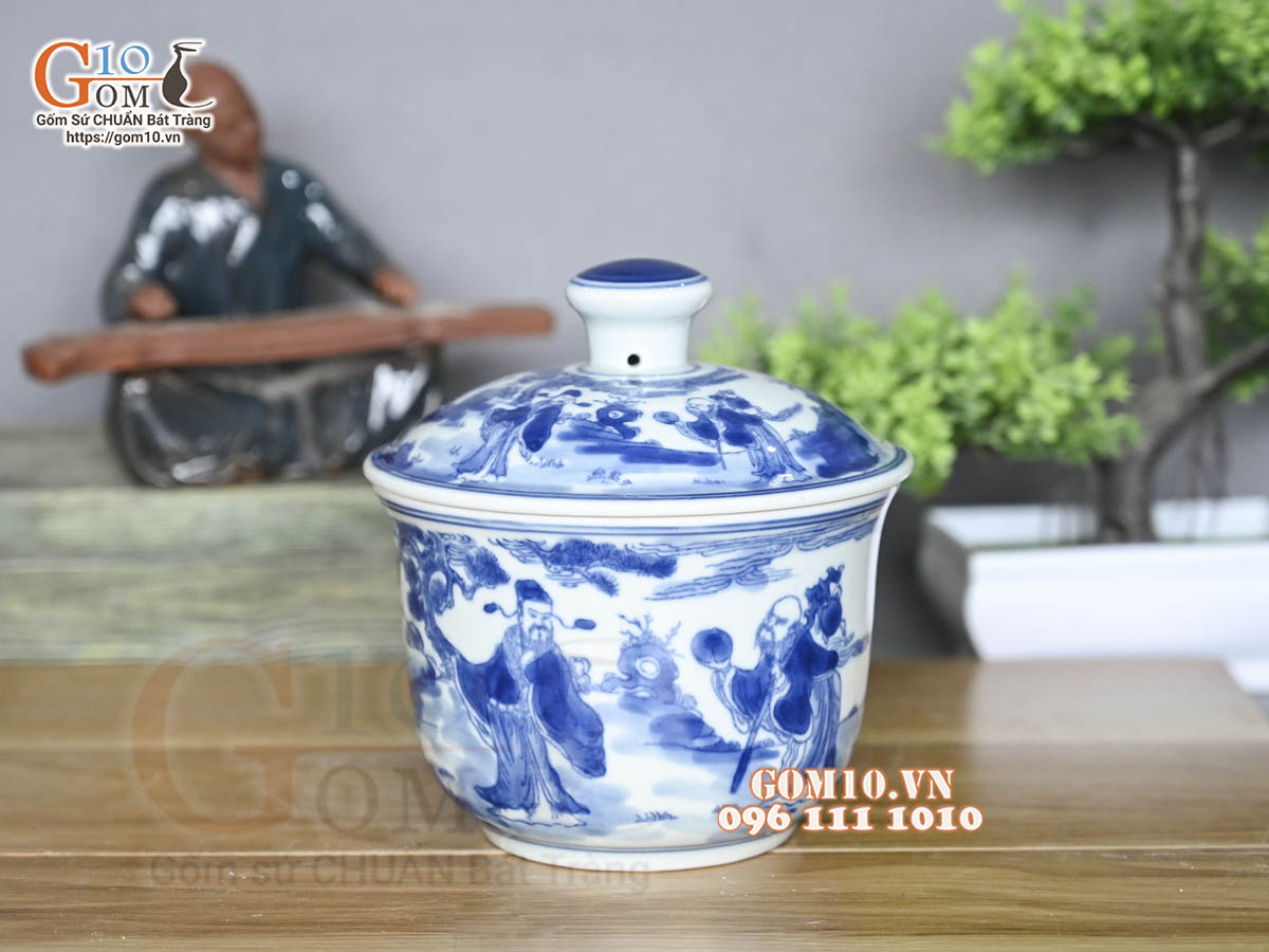 Bát nắp men lam vẽ Tam Đa Phúc Lộc Thọ, đường kính 12cm