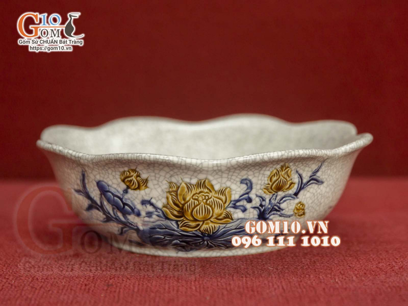 Bát thả hoa men rạn đắp nổi Sen Cát Tường, đường kính 24cm