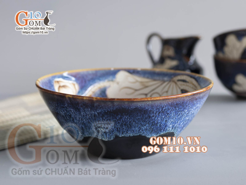 Bát tô bệt men hỏa biến xanh đá khắc sen, đường kính 18cm