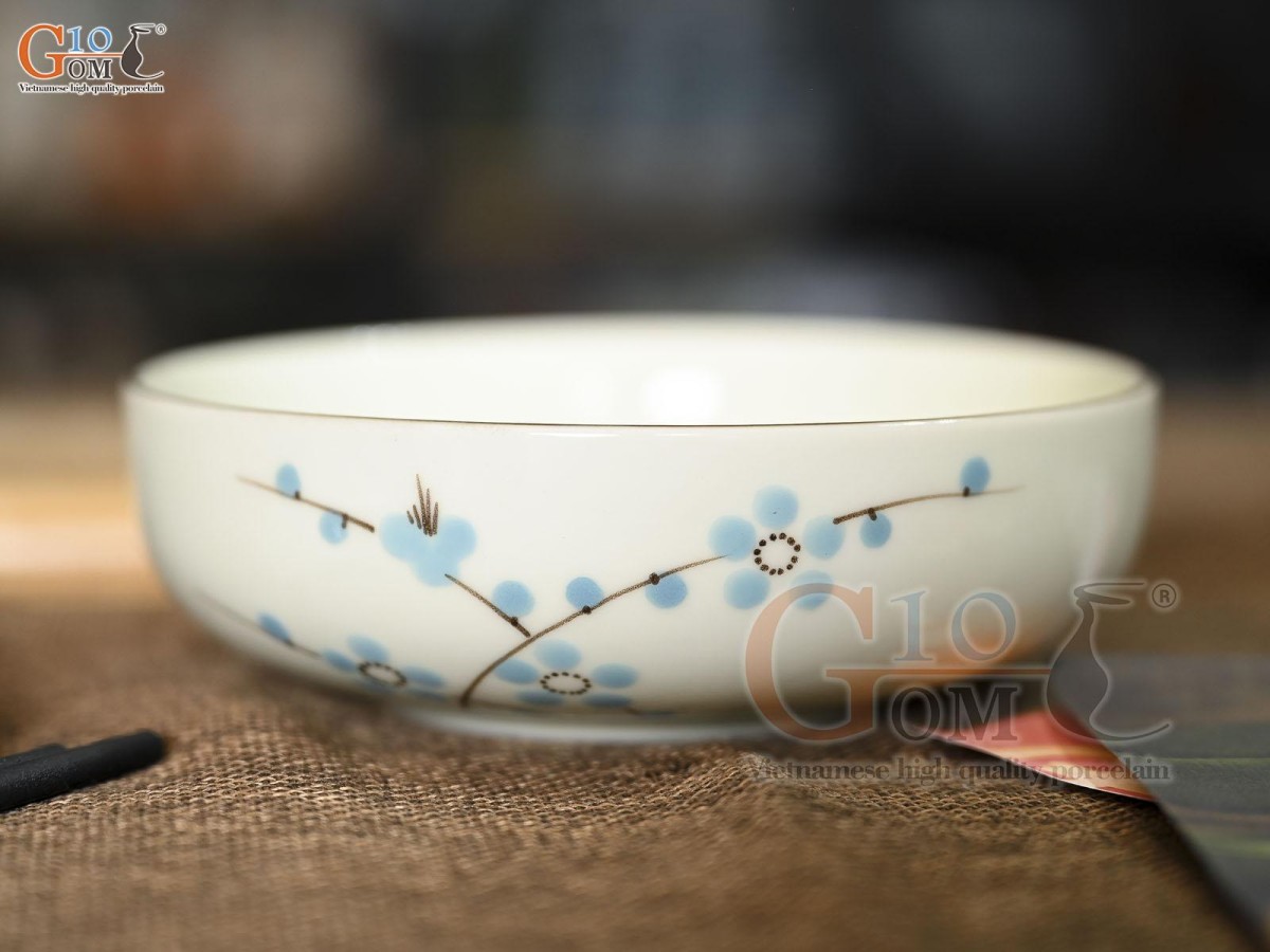 Bát tô nhật men kem vẽ hoa Đào xanh, đường kính 20cm