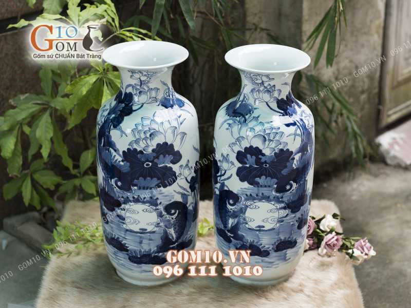 Bình hoa dáng bí men rong cổ họa tiết hoa Sen, cao 52cm