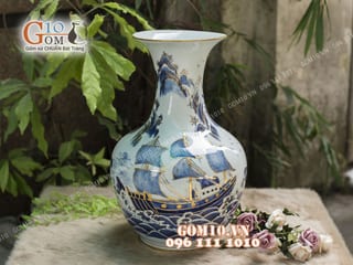 Bình hoa dáng tỏi đại men rong cổ họa tiết Thuận Buồm Xuôi Gió, cao 46cm - vẽ Vàng 24k