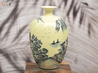 Bình hút lộc dáng no đủ men hoàng tộc họa tiết Sơn Thủy, cao 32cm