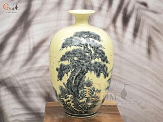 Bình hút lộc dáng no đủ men hoàng tộc họa tiết Sơn Thủy, cao 32cm