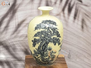 Bình hút lộc dáng no đủ men hoàng tộc họa tiết Sơn Thủy, cao 32cm