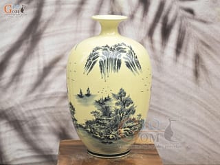 Bình hút lộc dáng no đủ men hoàng tộc họa tiết Sơn Thủy, cao 32cm