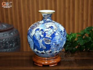 Bình hút lộc men lam cổ cảnh Phúc Lộc Thọ vẽ vàng, cao 25cm