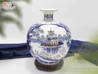 Bình hút lộc men lam nhị cảnh Hồ Gươm và Phố Cổ vẽ vàng 24k viền hoa Sen, cao 30cm