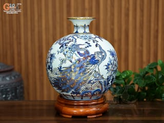 Bình hút lộc men lam vẽ Công Danh Phú Quý vẽ vàng, cao 30cm
