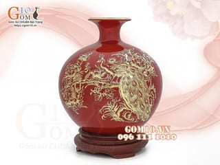 Bình hút lộc men màu, nền đỏ, vẽ vàng kim Phúc Lộc Khang Ninh, cao 22cm