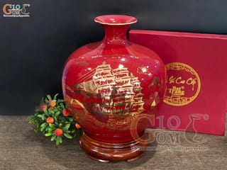 Bình hút lộc men màu, nền đỏ, vẽ vàng kim Thuận buồm Xuôi gió in logo, cao 35cm