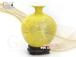 Bình hút lộc men màu, nền vàng, vẽ vàng kim Phúc Lộc Khang Ninh, cao 18cm