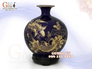 Bình hút lộc men màu, nền xanh, vẽ vàng kim Cá chép Liên hoa - Niên Niên Hữu Dư, cao 27cm