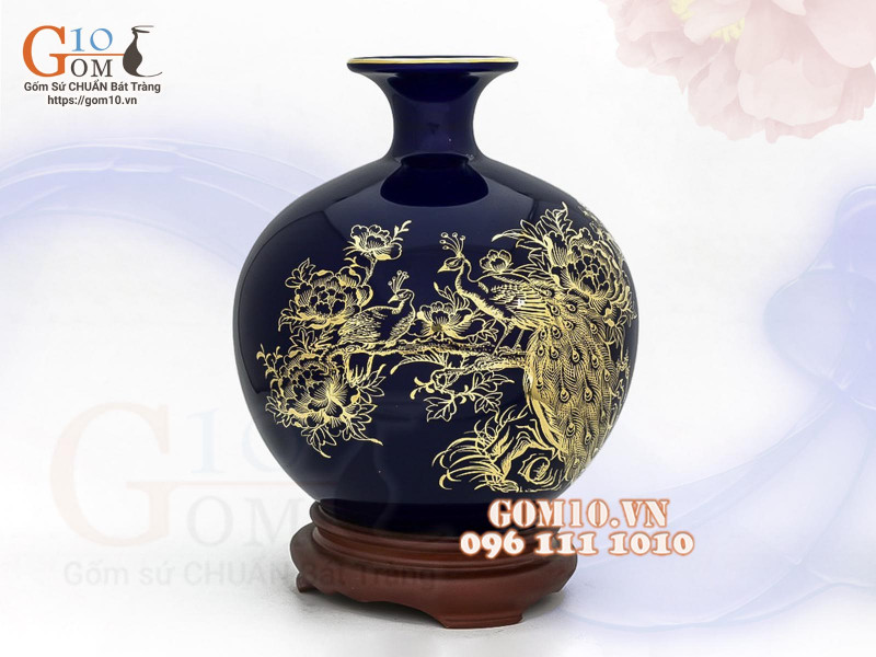 Bình hút lộc men màu, nền xanh, vẽ vàng kim Phúc Lộc Khang Ninh, cao 18cm