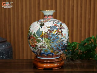 Bình hút lộc men màu vẽ Công Danh Phú Quý vẽ vàng, cao 30cm