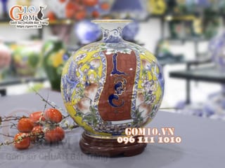 Bình hút lộc men màu vẽ vàng 24k họa tiết Ngũ hạc dâng Lộc cao 35cm