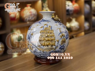 Bình hút lộc men rạn đắp nổi Thuận Buồm Xuôi Gió, cao 25cm