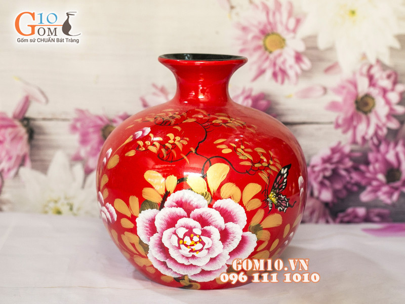 Bình hút lộc sơn mài đỏ vẽ phù dung 37cm