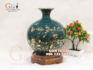 Bình hút tài lộc men xanh họa tiết mã đáo thành công vàng kim cao 26cm