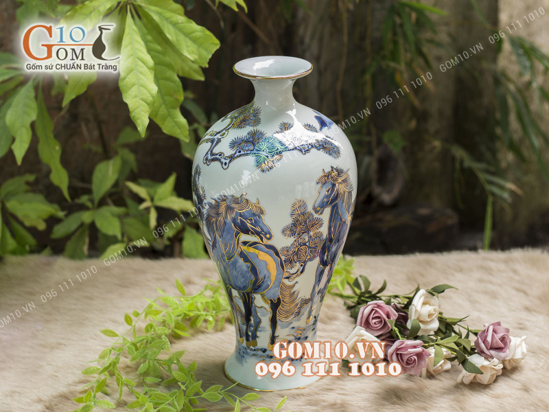 Mai bình men lam cổ vẽ song Mã vẽ Vàng 24k, cao 36cm