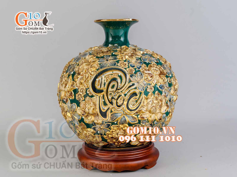 Bình hút tài lộc Phúc Lộc Thọ ngàn hoa đắp nổi vẽ vàng 24k, nền xanh - cao 35cm
