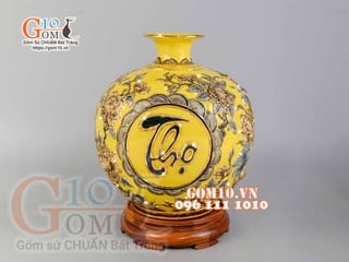 Bình hút tài lộc Phúc Lộc Thọ nổi vẽ vàng 24k, nền vàng - cao 40cm