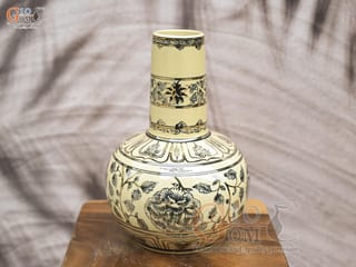 Bình lam men cổ họa tiết hoa dây vẽ vàng 24k, cao 37cm