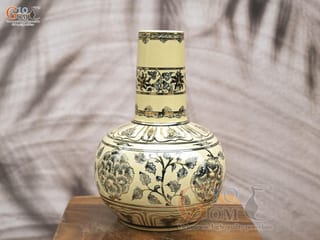 Bình lam men cổ họa tiết hoa dây vẽ vàng 24k, cao 37cm