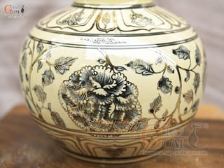 Bình lam men cổ họa tiết hoa dây vẽ vàng 24k, cao 37cm
