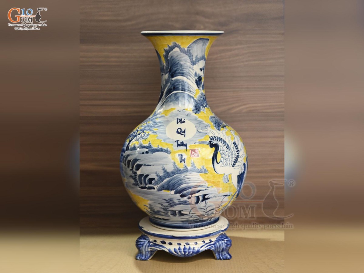 Bình tỏi men màu vẽ cảnh Chim Hạc Phú Quý Trường Thọ, cao 60cm (cả chân kê)