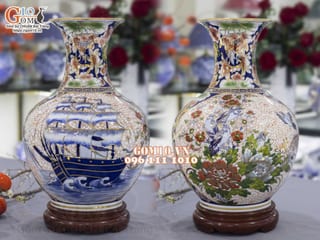 Bình tỏi men màu vẽ vàng 24k, họa tiết 2 mặt cảnh Thuận Buồm Xuôi Gió và Chim Hoa cao 45cm