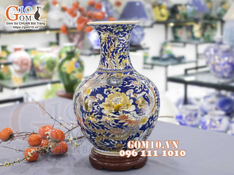 Bình tỏi men màu vẽ vàng 24k họa tiết song phượng cao 45cm