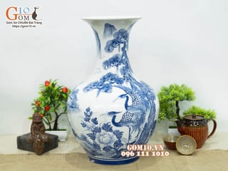 Bình tỏi men chàm cổ vẽ Diên Nhiên Trường Thọ, cao 46cm