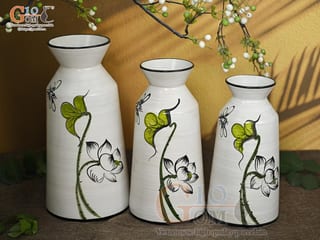 Bộ 3 lọ hoa men kem dáng cổ thắt vẽ hoa Sen xanh, cao 28cm