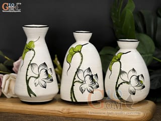 Bộ 3 lọ hoa mini men kem vẽ hoa Sen xanh, cao 14cm