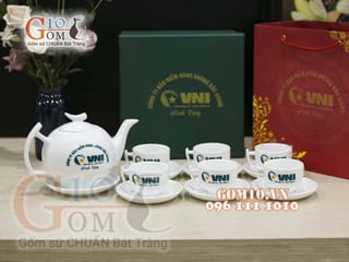 Bộ ấm chén dáng bưởi cành men trắng - in logo