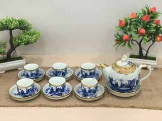 Bộ ấm chén dáng chóp lửa men lam bọc đồng, vẽ trúc lâm thất hiền, 350ml