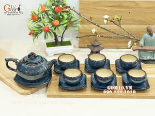 Bộ ấm chén dáng quả hồng men hỏa biến xanh đá